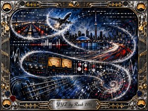 A dynamic Toronto nightscape merges aviation, music, and technology into a sweeping S-curve of motion. A jet rises above illuminated runways while the CN Tower anchors the skyline. Deep blues, silver, red, and gold glow dramatically as instruments, meters, sound waves, and circuitry create a richly textured, energetic painted collage.