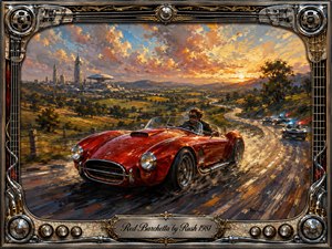 A vivid red roadster races along a winding country highway at sunset, pursued by futuristic patrol cars beneath a blazing gold-and-blue sky. Energetic oil-paint textures convey speed, freedom, and rebellion. An ornate chrome-and-gold musical frame surrounds the scene, with strings, mechanical details, and an engraved title plate.