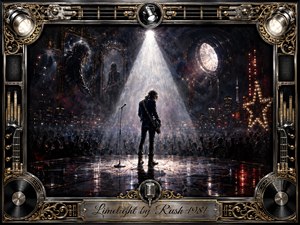 A lone guitarist stands beneath an intense white spotlight before a vast nighttime crowd, conveying isolation amid fame and spectacle. Dark blues, black, silver, and warm gold dominate the dramatic painted scene, with city lights and mirrored imagery behind him. An ornate chrome-and-gold musical frame surrounds the atmospheric composition.