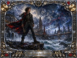 A defiant young figure stands above rushing waters before a storm-lit industrial city, embodying independence and restless intelligence. Steel bridges, glowing towers, lightning, and circular sound-wave patterns create kinetic energy. Deep blues, silver, black, and red dominate, while a chrome-and-gold musical frame and engraved title plate complete the dramatic painted composition.