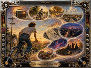 A young cyclist races through a glowing suburban sunset as dreamlike memory bubbles sweep across the sky in an S-curve, revealing radios, city lights, sketches, music, and childhood scenes. Warm gold, amber, blue, and violet tones create nostalgic energy, framed by ornate chrome, vinyl, strings, knobs, and engraved musical details.
