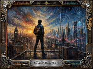 A solitary figure stands above a vast city where historic rooftops merge with a futuristic skyline, symbolizing transition and restless progress. Rich blues, amber gold, and fiery sunset tones glow through textured oil-paint strokes. Circular signals, sound-wave graphics, guitars, speakers, chrome ornamentation, and the engraved title frame create a dramatic technological atmosphere.
