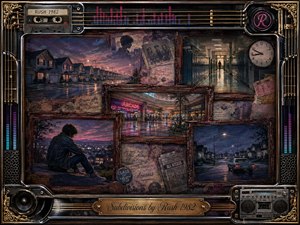 A richly layered nostalgic collage portrays suburban streets, a lonely student, school corridors, shopping malls, and nighttime neighborhoods beneath dusky purple skies. Rosewood frames, cassette tapes, speakers, guitar strings, equalizer bars, and chrome details surround the scenes. Warm gold accents contrast with cool blues, creating an introspective, isolated 1980s atmosphere.