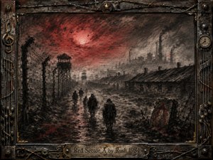 A bleak industrial prison landscape unfolds beneath a turbulent red-black sky, where shadowed figures trudge through mud between barbed-wire fences, watchtowers, and decaying barracks. Deep charcoal textures create a grim, oppressive mood, illuminated by a blood-red glow. A riveted metal frame with musical details surrounds the haunting scene.