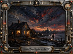 A solitary figure stands beside dark water beneath a turbulent red-streaked storm sky, facing distant radar towers and warning lights. Warm windows glow from a weathered shoreline house, contrasting with the cold landscape. Dramatic oil-paint textures, deep charcoal blues, fiery crimson clouds, and an elaborate metallic musical frame create ominous tension.