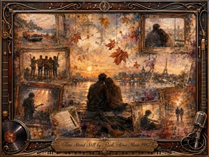 A nostalgic couple sits beside glowing water at sunset, surrounded by framed memories of friendship, travel, music, and quiet romance. Warm amber, rosewood, gold, and dusky blue tones blend through painterly textures. Suspended autumn leaves, a fading clock, vintage instruments, and an ornate musical frame evoke tenderness, reflection, and time slipping away.