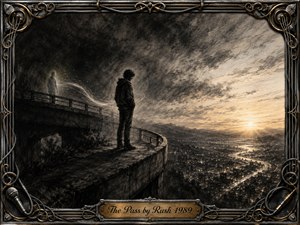 A solitary young man stands on a shadowed overlook above a glowing city, caught between charcoal darkness and a warm rising dawn. A faint guiding figure and flowing light suggest compassion and hope. Deep smudged textures, stormy skies, gold highlights, and an ornate music-inspired metallic frame create a solemn, cinematic atmosphere.