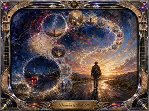 A lone traveler walks a gleaming highway toward a radiant sunset beneath a vast cosmic sky, while translucent memory spheres curve overhead like a dreamline through time. Deep blues, violet shadows, amber light, and metallic highlights create a restless, hopeful mood. An ornate chrome-and-gold musical frame surrounds the painterly scene.