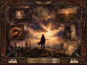 A solitary figure stands on a windswept ridge beneath storm clouds breaking into golden light, surrounded by faded memories of concerts, roads, music, and time. Warm sepia, amber, violet, and charcoal tones create a reflective, resilient mood. Ornate rosewood, gold, roses, instruments, and piano keys frame the painterly collage.