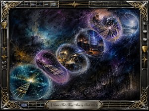A cosmic instrumental journey unfolds through swirling translucent spheres containing bass strings, drums, amplifiers, and distant landscapes. Deep blues, violets, teal, and gold glow against a textured black background, creating a mysterious, kinetic mood. An ornate chrome-and-gold musical frame surrounds the scene, anchored by an engraved title plate.