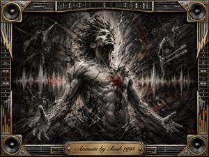 A powerful charcoal figure rises in electrified transformation, arms spread beneath fractured shadows, white lightning, red energy streaks, and ghostly musicians. Deep blacks, smoky grays, metallic gold, and crimson accents create an intense, awakened mood. An ornate guitar-and-speaker frame surrounds the dramatic rock-inspired composition and engraved title plate.