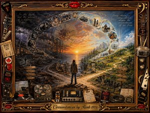 A lone figure stands at a crossroads between a dark industrial past and a bright mountain future, beneath a glowing sunset and immense clock. Curving memory bubbles trace lifes changing circumstances. Rich browns, golds, blues, and amber light create a nostalgic, dramatic collage, framed with vintage Rush memorabilia, instruments, records, and engraved details.
