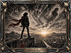 A lone figure stands defiantly on a high ledge at sunrise, overlooking rugged mountains and a distant city. Deep charcoal textures, smoky clouds, and ghostly instruments create a powerful, rebellious atmosphere. Warm gold light and red accents cut through the monochrome scene, framed by intricate chrome, guitar strings, cables, and rock-inspired details.