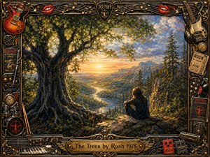 SongData_TheTrees_Rush_1978 A solitary figure rests beneath a massive ancient tree overlooking a glowing river valley and distant mountains at sunset. Warm golds, deep greens, and smoky blues create a reflective, dramatic mood. Detailed painterly textures blend realism and fantasy, while an ornate rock-themed frame of guitars, drums, records, pedals, and brass filigree surrounds the scene.