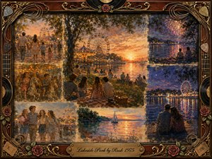 A nostalgic lakeside amusement park glows beneath a golden sunset, blending Ferris wheels, carousel lights, picnicking friends, strolling families, fireworks, and a quiet couple by the water. Warm amber, rose, blue, and violet tones create a tender dreamlike mood, framed by ornate rosewood, gold filigree, roses, records, and guitar-string details.