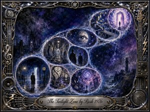 A surreal cosmic dreamscape unfolds in deep indigo, violet, and silver, with glowing portals revealing lonely corridors, distorted clocks, stairways, mirrors, and mysterious figures. Electric white light traces an S-shaped journey through space. An ornate chrome-and-gold musical frame surrounds the scene, creating an eerie, theatrical, otherworldly mood.