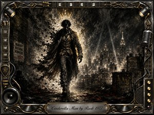 A lone, shadowed man strides through a ruined nighttime city, emerging from swirling charcoal smoke toward a glowing skyline. Deep blacks, silvery grays, muted gold, and ember-red accents create a brooding, heroic mood. Ornate chrome-and-gold musical framing, guitar details, speakers, cables, and a vintage microphone surround the dramatic composition.