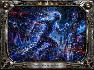 A crystalline digital runner surges through a rain-slick futuristic city, dissolving into luminous fragments, circuitry, sound waves, and geometric data. Electric blues, crimson accents, and silver highlights create a restless, high-energy mood. Dramatic neon lighting and reflective streets amplify the cybernetic atmosphere, framed by chrome, cables, records, and instrument-inspired details.