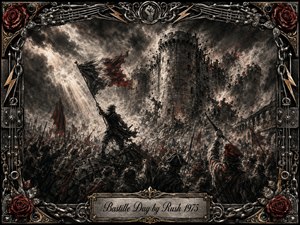 A storm-dark Bastille towers above a surging revolutionary crowd, where raised flags, weapons, and clenched fists cut through smoke, sparks, and falling debris. Deep charcoal textures dominate, sharpened by crimson and ember-orange accents. Dramatic light breaks through clouds, while ornate metalwork, chains, roses, and guitar strings frame the fierce historic scene.