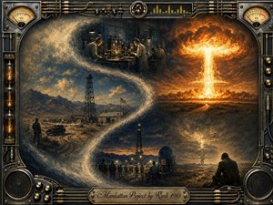 A dramatic S-curved timeline sweeps through a secret desert laboratory, shadowed scientists, testing towers, and a blazing mushroom cloud. Burnished gold, charcoal blue, and fiery orange create a tense, ominous mood. Painterly textures, smoky lighting, vintage machinery, VU meters, cables, speakers, and an engraved brass title plate complete the composition.