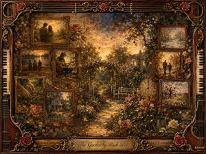 A glowing garden path winds through roses, trees, and fading memories framed in vintage rosewood. Warm gold, amber, green, and dusky blue tones create a tender, reflective mood. Painterly oil, acrylic, and watercolor textures blend with musical details, drifting leaves, old photographs, and an ornate engraved title plate.