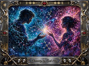 Two figures face each other across a radiant molecular burst, their outstretched hands linked by glowing atomic orbits and chemical structures. Deep blues and electric magentas create a charged, romantic atmosphere, while dramatic cosmic lighting and painterly textures intensify the scene. An ornate chrome-and-gold musical frame completes the composition.