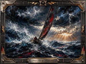 A lone sailboat battles towering storm waves beneath lightning-filled skies, its crimson sail cutting through deep blue and steel-gray seas. Golden sunlight breaks along the horizon, adding hope to the fierce, heroic mood. Expressive painterly textures, flying spray, and an ornate metallic musical frame intensify the dramatic composition.