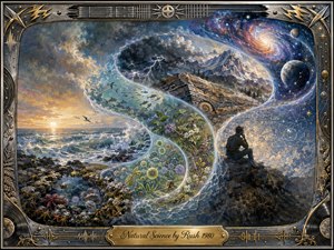 A sweeping painted vision traces nature from a sunlit rocky ocean through flourishing plant life, stormy mountains, and deep cosmic space. An S-shaped flow links sea, earth, and stars, surrounding a solitary contemplative figure. Cool blues, golds, and silvers glow dramatically within an ornate musical-metal frame and engraved title plate.