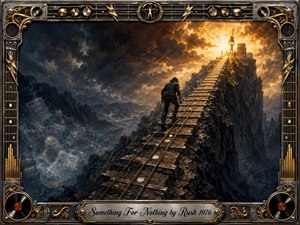 A lone climber ascends a steep guitar-fretboard path through dark, stormy mountains toward a radiant golden summit. Ghostly prizes and coins fade into mist below, contrasting illusion with earned achievement. Rich oil-paint textures, charcoal blues, metallic grays, and amber light create a dramatic, determined mood within an ornate music-themed frame.