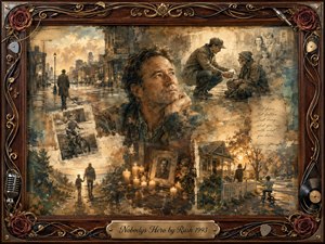 A warm, nostalgic collage portrays an ordinary man surrounded by fading memories of childhood, family, compassion, loss, and quiet human connection. Sepia golds, muted blues, candlelight, and sunset tones create a reflective mood. Painterly textures blend oil, acrylic, and watercolor within an ornate rosewood-and-brass musical frame and engraved title plate.