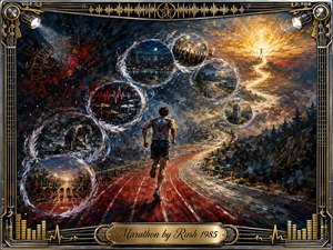 A determined runner races along a red track that curves into a glowing mountain road beneath dramatic skies. Feathered memory bubbles trace an S-shaped journey of struggle, rhythm, crowds, cities, and milestones. Deep blues, crimson, silver, and radiant gold create an uplifting, cinematic acrylic painting framed with ornate musical metalwork.