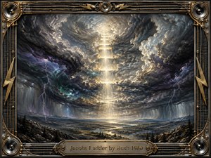 A monumental staircase of radiant light rises through turbulent storm clouds above a dark, rugged landscape, evoking mystery, struggle, and revelation. Deep charcoal, steel blue, violet, and gold tones create dramatic contrast, while lightning and luminous mist intensify the atmosphere. An ornate metallic frame incorporates speakers, strings, and engraved musical details.