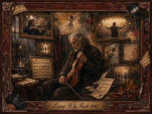 An elderly violinist sits quietly in a dim, memory-filled studio, surrounded by framed visions of youthful performances, dancers, audiences, and handwritten music. Warm sepia, rosewood, gold, and smoky shadows create a wistful mood. Painterly textures, drifting sheet music, autumn leaves, and ornate musical details evoke fading talent, time, and remembrance.
