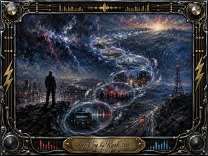 A lone figure overlooks a storm-darkened city as glowing memory bubbles spiral toward a distant sunrise, suggesting struggle, distance, and possibility. Deep blues, charcoal blacks, electric reds, and warm golds create dramatic contrast. Textured painterly strokes, lightning, radio signals, highways, and an ornate metallic music-themed frame heighten the restless, futuristic mood.