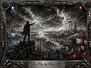 A lone figure reaches toward distant signals above a sprawling industrial city beneath violent storm clouds. Deep charcoal textures dominate, pierced by cold blue and fiery red light. Crowds, towers, screens, bridges, and radio waves create tension and urgency, while the elaborate metallic frame and engraved title plate add dramatic rock-inspired detail.