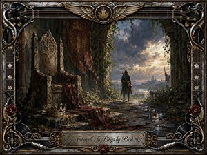 A lone traveler stands beside a decaying royal throne beneath a vast ruined archway, gazing toward a distant kingdom under storm-lit skies. Deep browns, tarnished gold, gray-blue clouds, and warm sunlight create a solemn, reflective mood. Rich painterly textures, creeping vines, musical ornamentation, and an elaborate metallic frame evoke faded grandeur and transition.