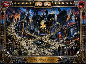 A dramatic painted cityscape depicts wealth and corporate power, with towering shadowed executives looming over neon skyscrapers and swirling rivers of money. Electric blues, metallic golds, reds, and deep blacks glow beneath a fiery dusk sky. An ornate chrome-and-gold music-themed frame, red lips, meters, cables, and engraved title plate intensify the satirical excess.