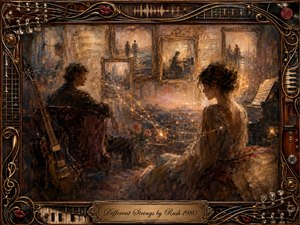 A wistful musical reverie unfolds around two contemplative figures separated by glowing strands of light, surrounded by faded framed memories, sheet music, roses, guitars, and a piano. Warm amber, bronze, and sepia tones create nostalgic intimacy, while soft luminous highlights enrich the painterly collage, enclosed by an ornate instrument-inspired frame.