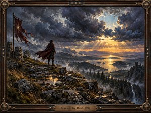 A lone cloaked figure stands on a rain darkened cliff beneath towering storm clouds, gazing across a glowing lake and distant mountains. Golden sunbeams break through the sky, illuminating mist, ruined stonework, and a tattered banner. Painted in dramatic textured oils, the scene feels heroic, solemn, and deeply atmospheric.
