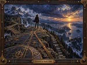 A lone figure stands at a windswept mountain crossroads above a vast fjord, distant city, bridges, waterfalls, and storm-dark peaks. Cool indigo and slate tones contrast with radiant gold sunset light, creating a mood of choice and resolve. Rich oil-paint textures, bronze inlays, branching paths, and an ornate instrument-inspired frame add symbolic depth.