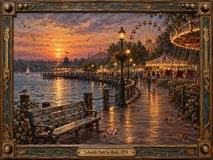 A nostalgic lakeside amusement park glows beneath a dramatic orange sunset, with a Ferris wheel, carousel, pavilion, sailboats, and strolling visitors lining the waterfront. Warm lamplight reflects across rippling water and wet pavement, while richly textured painted details and an ornate vintage frame create a wistful 1970s atmosphere.