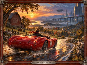 A gleaming red vintage roadster speeds along a wet, winding country road at sunset, seen from behind beneath autumn trees and a weathered barn. Golden light floods a misty valley, while a distant futuristic city looms beyond. The mood is exhilarated and defiant, rendered in richly detailed, cinematic painterly style.