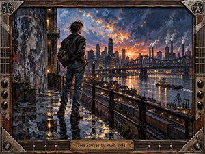 A solitary young man stands on a rain-slick industrial rooftop overlooking a river, steel bridge, trains, smokestacks, and a glowing city skyline. Fiery sunset light breaks through turbulent blue clouds, reflecting across wet surfaces. The richly textured painterly scene feels defiant, contemplative, urban, and intensely atmospheric.
