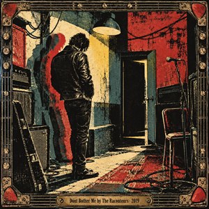 A solitary leather-clad figure stands in a battered rehearsal room, turned away beneath a harsh industrial lamp. Amplifiers, cables, microphone, guitar case, and worn rug surround him as red, teal, black, and cream shapes overlap like restless shadows. A distressed screenprint style and ornate music-hardware frame intensify the defiant, isolated mood.