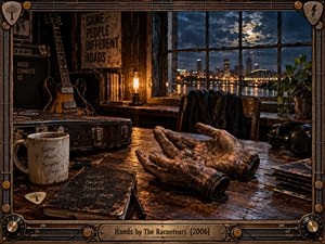 Weathered hands rest open on a scarred studio table beside a journal, mug, guitar case, and headphones. A vintage guitar, amplifier, and amber lamp frame a rain-darkened city beyond the window. Warm bronze light contrasts with deep blue night, creating a reflective, gritty, cinematic rock atmosphere.
