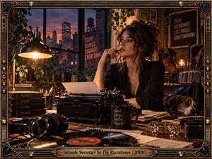 A dark-haired woman pauses thoughtfully at a vintage typewriter in a warmly lit urban music studio. Amber lamps contrast with the dusky blue skyline, while guitars, records, handwritten pages, plants, and a sleeping dog create intimate clutter. An ornate metallic guitar-inspired frame reinforces the cinematic, nostalgic rock atmosphere.