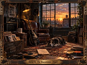 A warmly lit urban music loft frames a worn leather chair, electric guitar, amplifier, scattered records, and a resting dog against a glowing sunset skyline. Rich amber, brown, and black tones create nostalgic rock atmosphere, while intricate guitar-string metalwork surrounds the detailed cinematic scene with handcrafted vintage character.