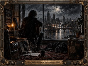 A lone guitarist sits in a shadowy loft overlooking a rain-soaked city and moonlit river. Charcoal blacks, smoky grays, and amber lamplight create a brooding, reflective mood. Painterly textures, scattered records, handwritten pages, a resting black dog, and an ornate guitar-inspired frame deepen the atmospheric composition.