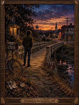 A lone young man stands at a weathered bridge overlooking a quiet town beneath a fiery orange and violet sunset. Rustic buildings, a church steeple, motel sign, bicycle, creek, and abandoned pocket watch create a reflective mood. Detailed oil-painting textures and warm twilight lighting evoke uncertainty, transition, and growing maturity.