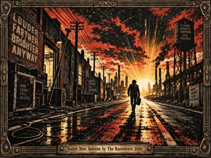 A lone figure strides down a rain-slick industrial road toward a blazing sunrise, framed by factories, smokestacks, power lines, and gritty urban structures. Fiery reds, black shadows, and golden light create urgent momentum. The graphic printmaking style feels raw and rebellious, enclosed by a weathered musical-metal frame.